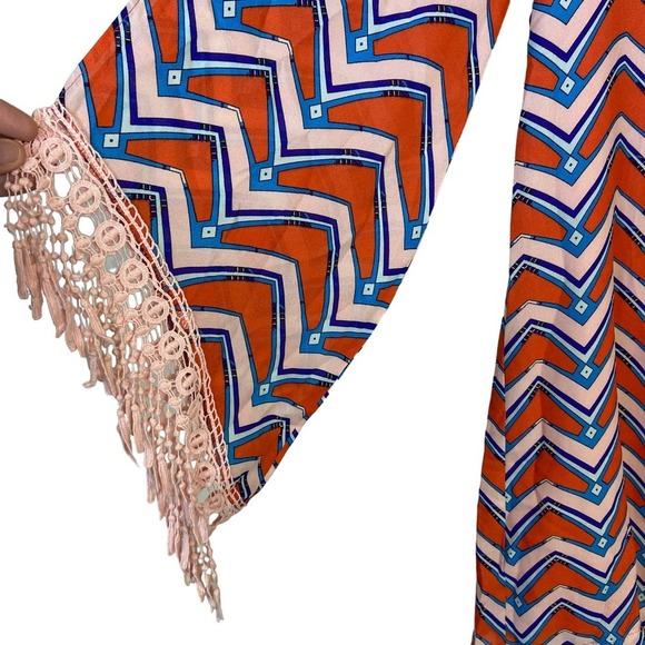 Umgee Size Med Boomerang‎ Knee Length Dress Orange Blue Fringe Trim Split Sleeve - Picture 2 of 10